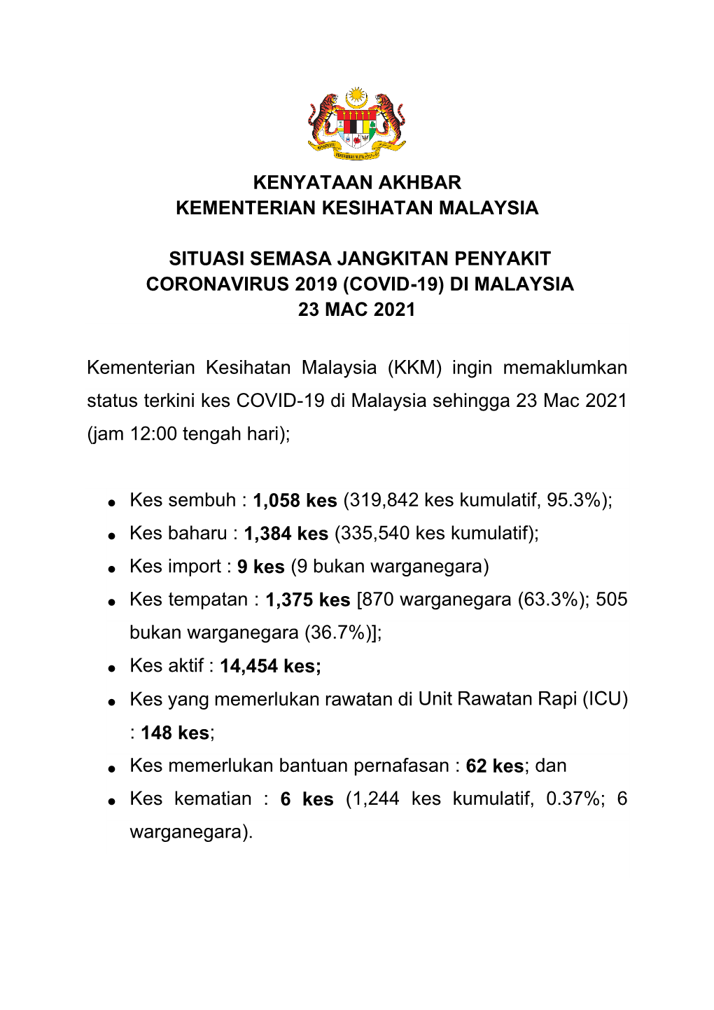 Kenyataan Akhbar Kementerian Kesihatan Malaysia