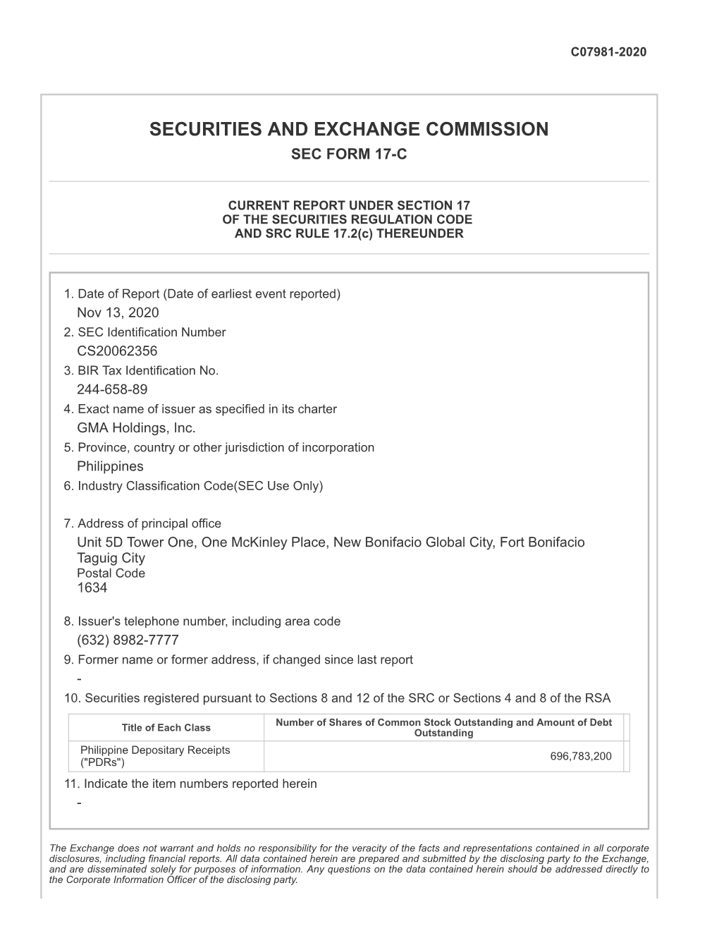 Securities and Exchange Commission Sec Form 17-C