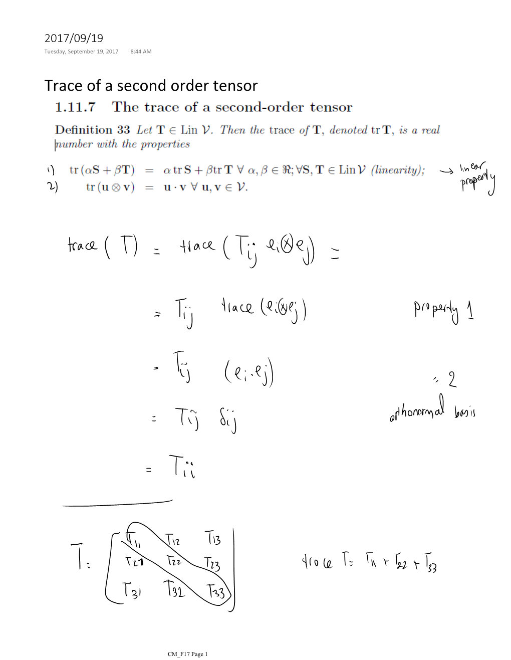 Trace of a Second Order Tensor Note: Trace Is a Scalar