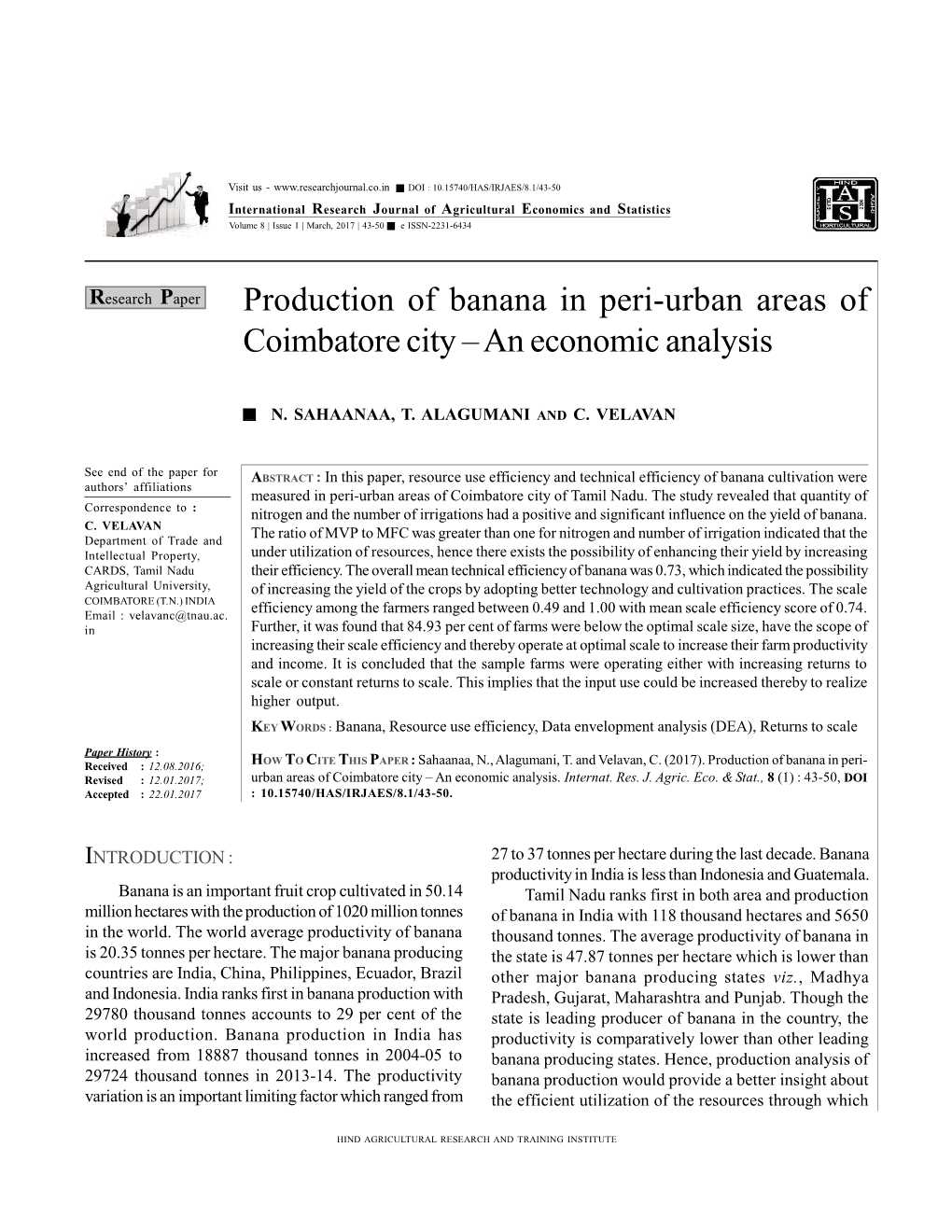 Production of Banana in Peri-Urban Areas of Coimbatore City – an Economic Analysis