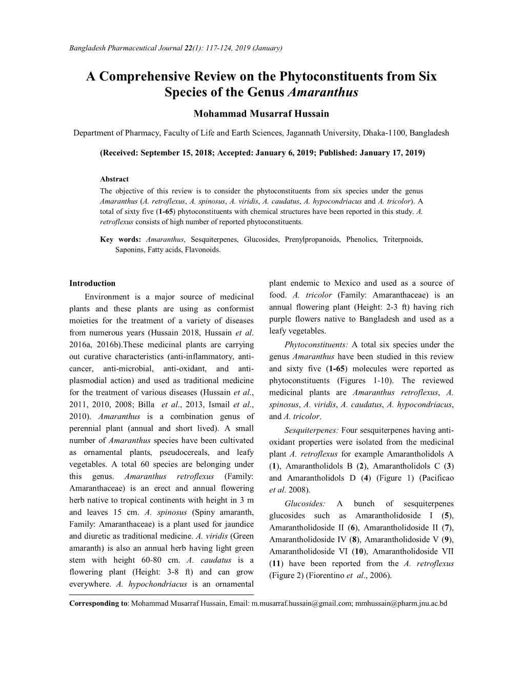 A Comprehensive Review on the Phytoconstituents from Six Species of the Genus Amaranthus