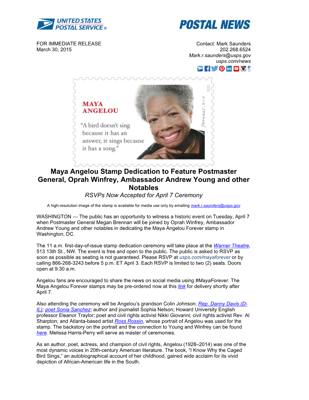 Maya Angelou Stamp Dedication to Feature Postmaster General, Oprah Winfrey, Ambassador Andrew Young and Other Notables Rsvps Now Accepted for April 7 Ceremony