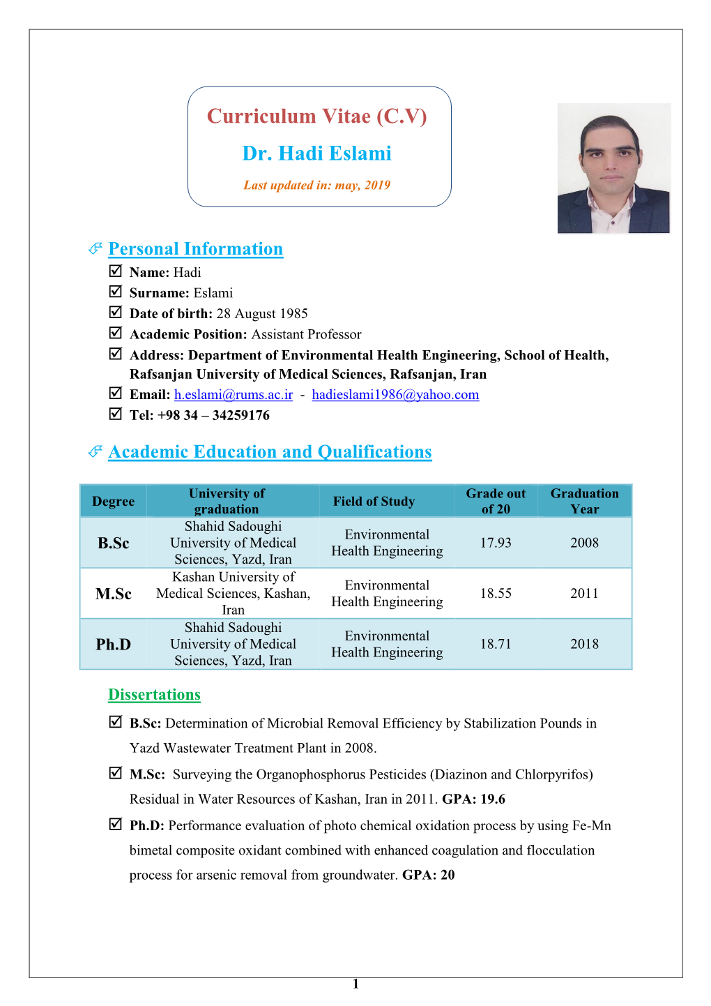 Curriculum Vitae (C.V) Dr. Hadi Eslami