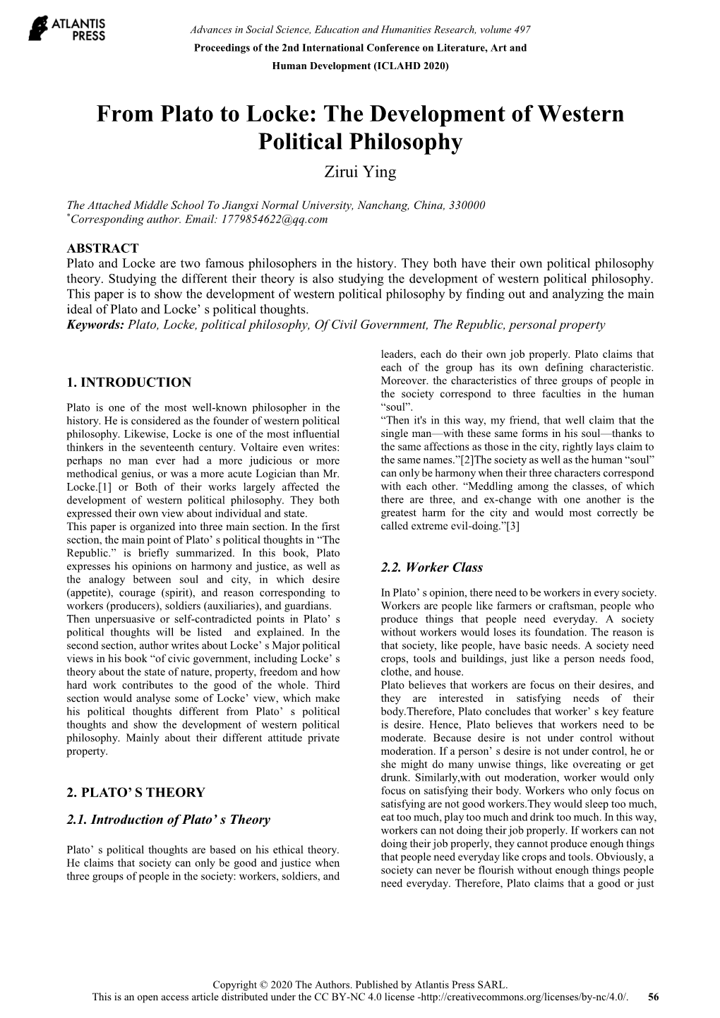 From Plato to Locke: the Development of Western Political Philosophy Zirui Ying