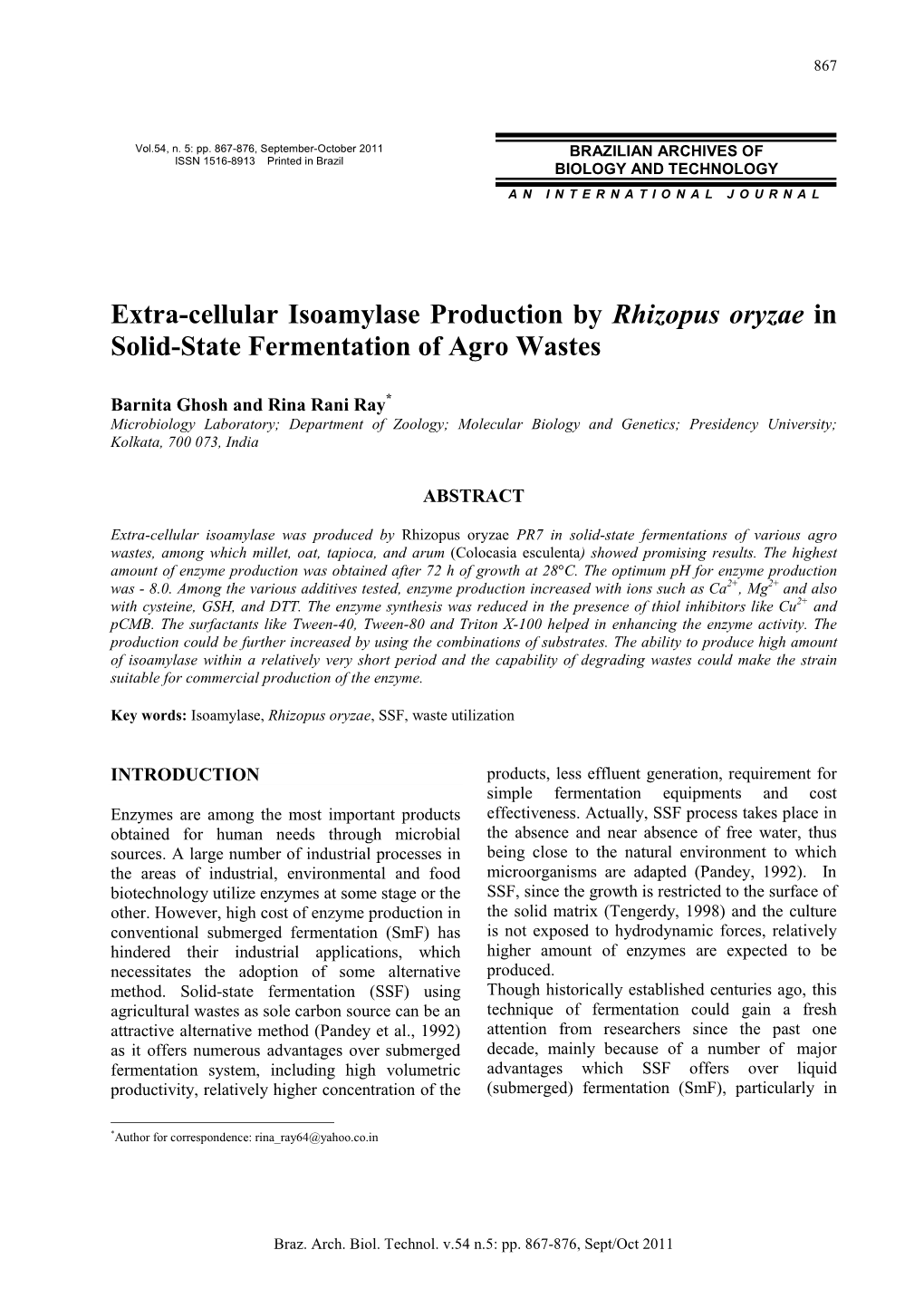 Extra-Cellular Isoamylase Production by Rhizopus Oryzae in Solid-State Fermentation of Agro Wastes