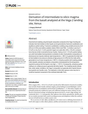 Derivation of Intermediate to Silicic Magma from the Basalt Analyzed at the Vega 2 Landing Site, Venus