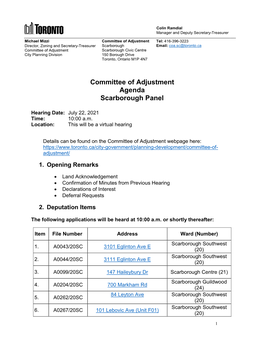 Committee of Adjustment Scarorough, Hearing Agenda, July 22, 2021
