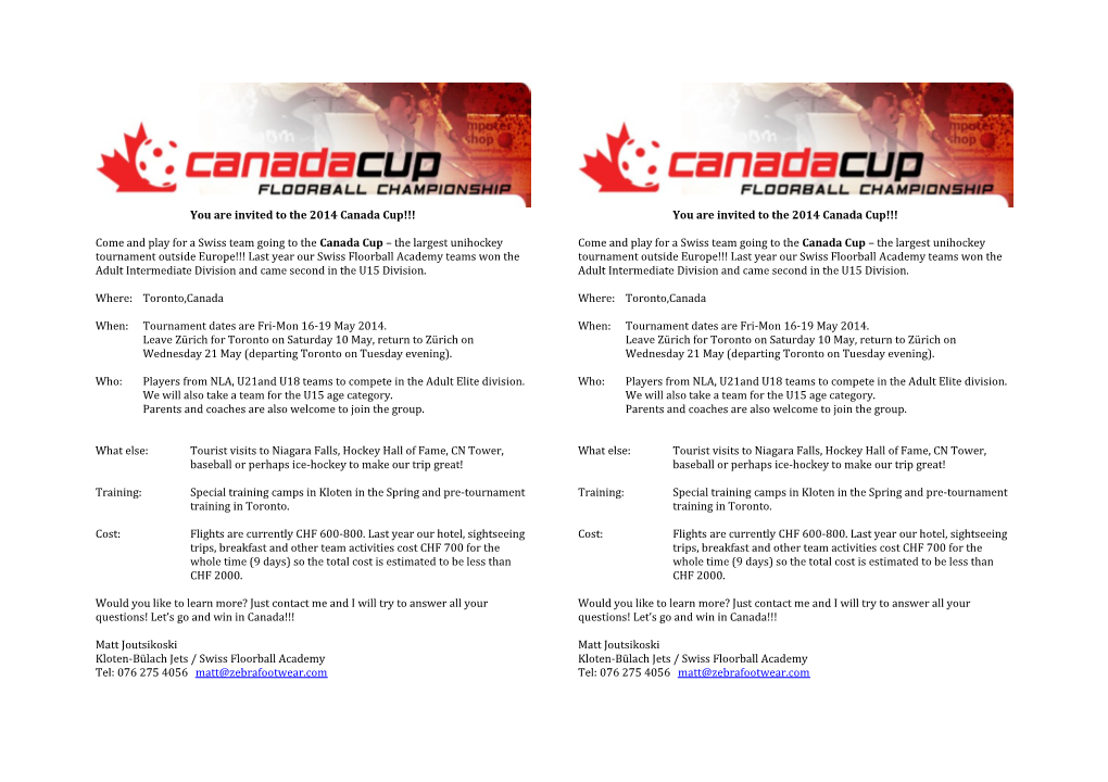 You Are Invited to the 2014 Canada Cup