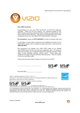 VIZIO SV421XVT & SV471XVT User Manual Version 4/16/2009 1 Www