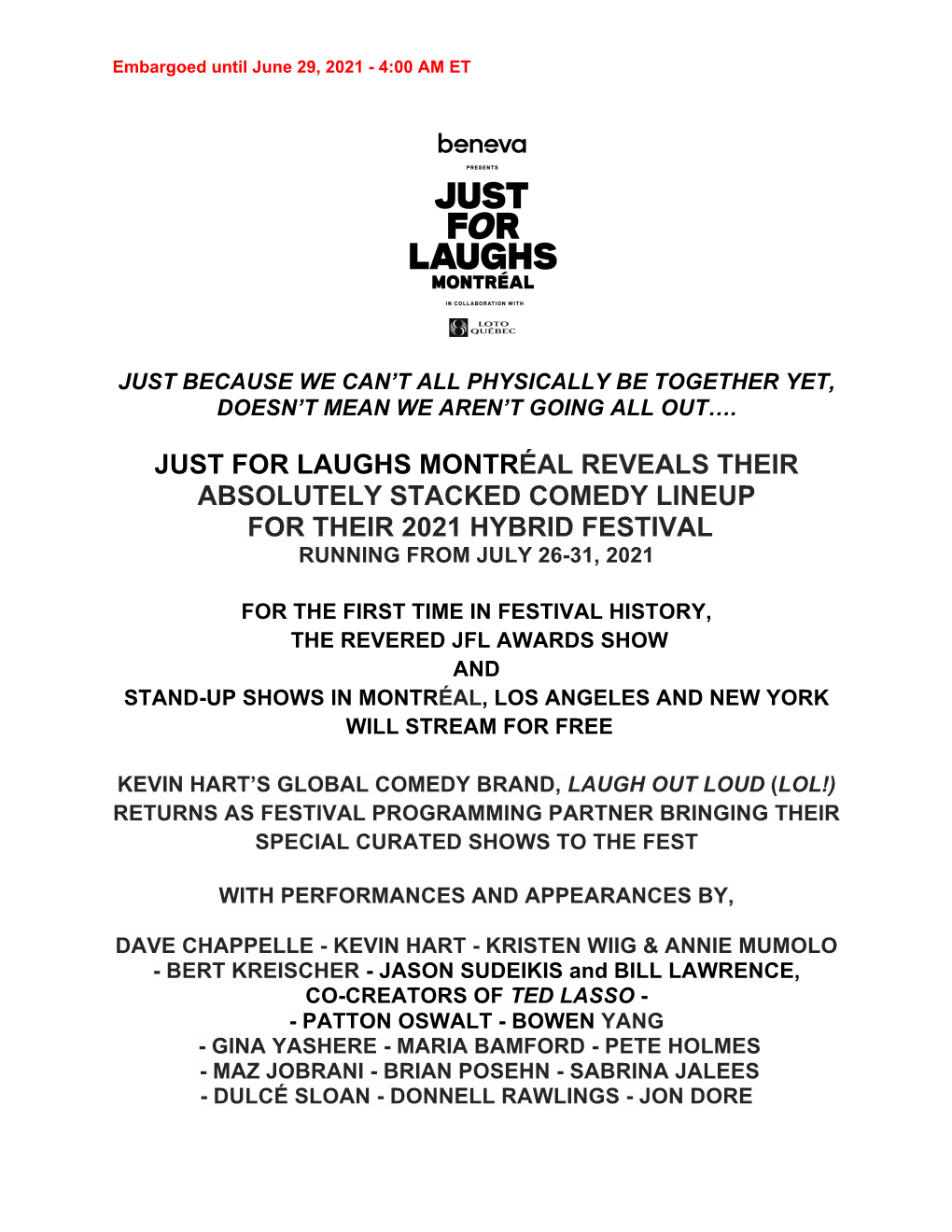 Just for Laughs Montréal Reveals Their Absolutely Stacked Comedy Lineup for Their 2021 Hybrid Festival Running from July 26-31, 2021