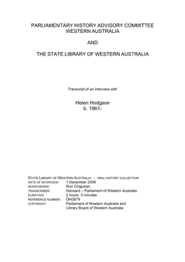 Parliamentary History Advisory Committee Western Australia and The
