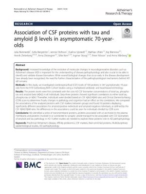 Association of CSF Proteins with Tau and Amyloid Β Levels In