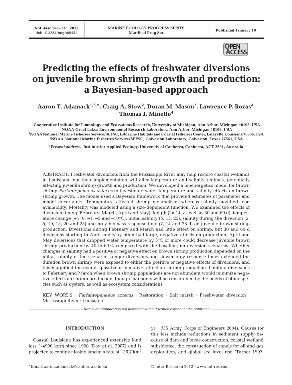 Predicting the Effects of Freshwater Diversions on Juvenile Brown Shrimp Growth and Production: a Bayesian-Based Approach