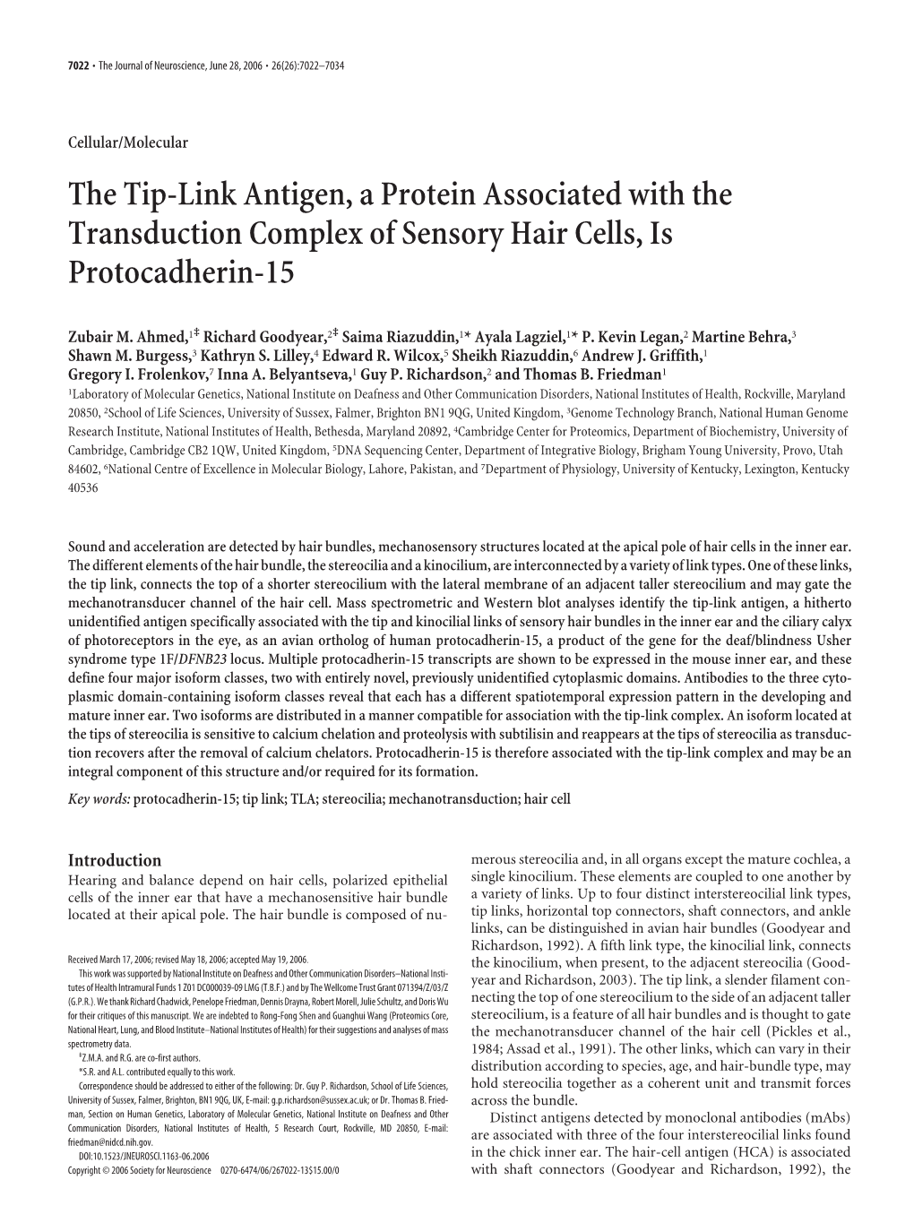 The Tip-Link Antigen, a Protein Associated with the Transduction Complex of Sensory Hair Cells, Is Protocadherin-15