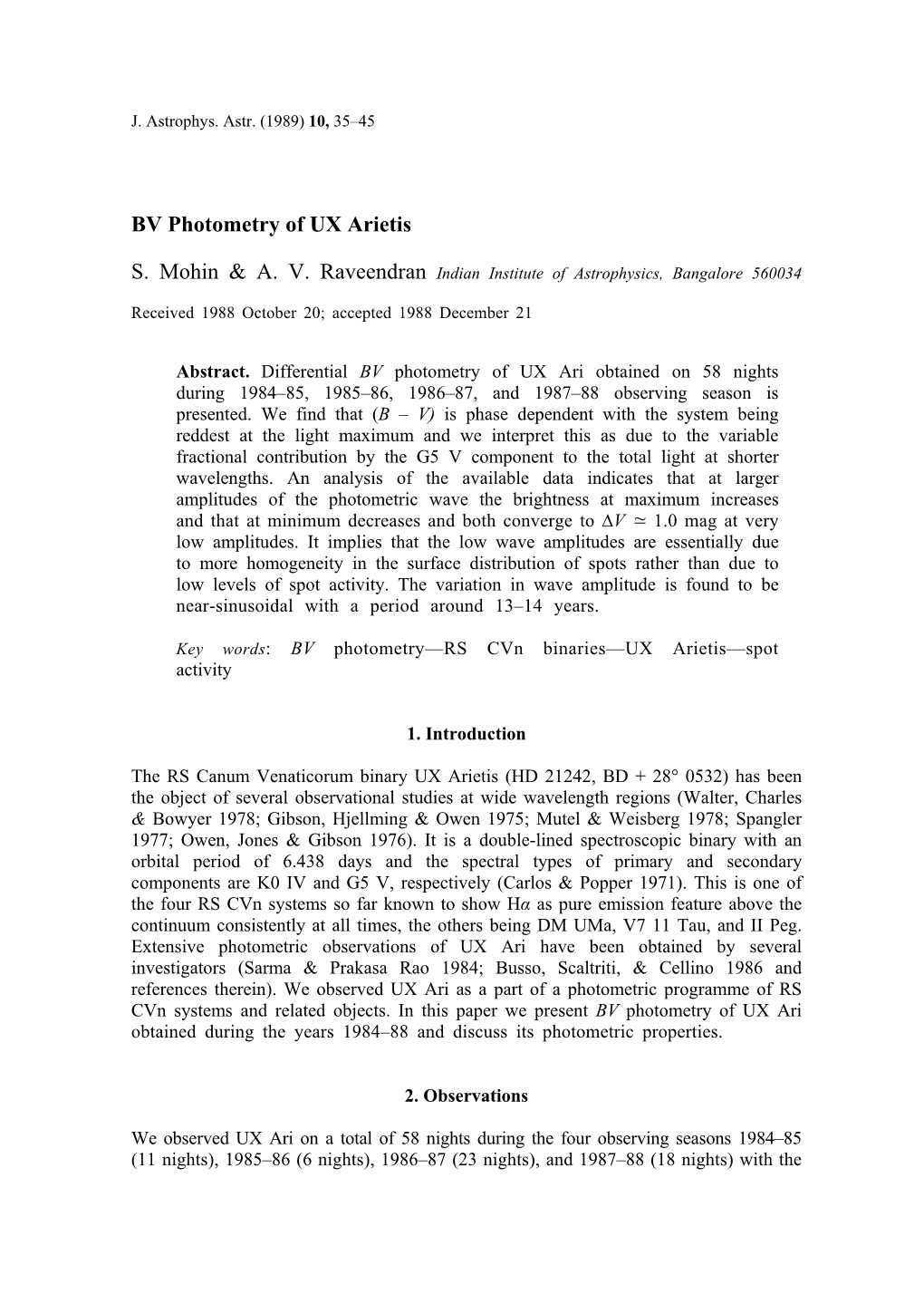 BV Photometry of UX Arietis