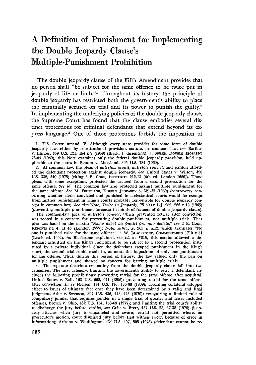 A Definition of Punishment for Implementing the Double Jeopardy Clause's Multiple-Punishment Prohibition