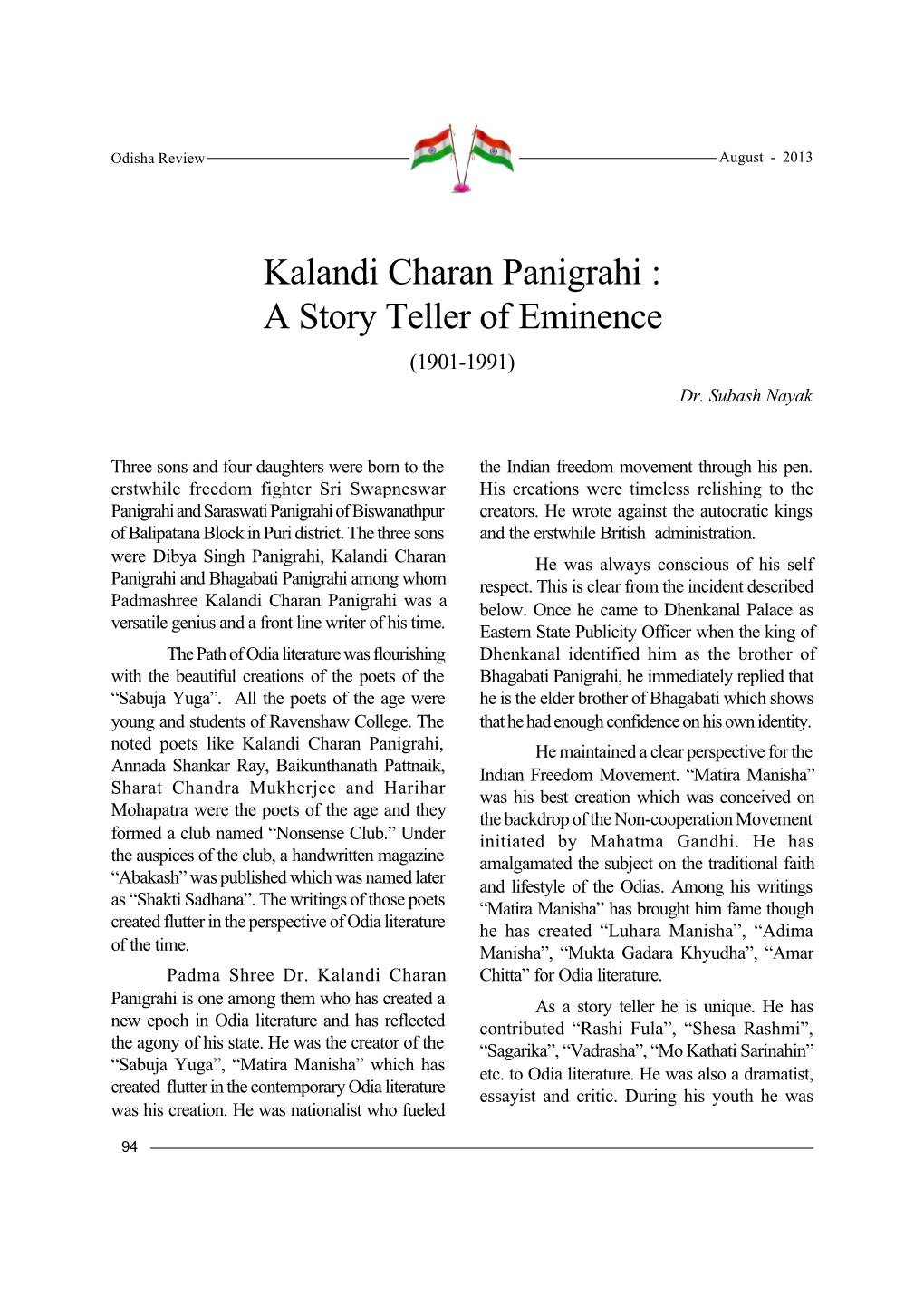 Kalandi Charan Panigrahi : a Story Teller of Eminence (1901-1991) Dr