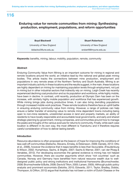 Enduring Value for Remote Communities from Mining: Synthesising Production, Employment, Populations, and Reform Opportunities Boyd Blackwell & Stuart Robertson 116