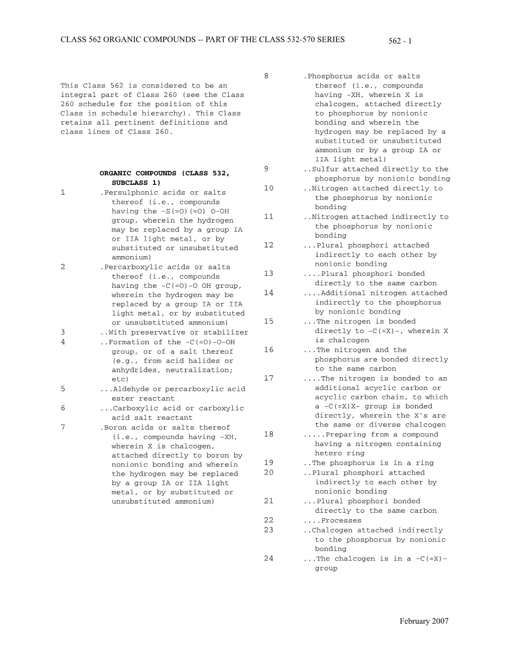 Class 562 Organic Compounds -- Part of the Class 532-570 Series 562 - 1