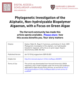 Phylogenetic Investigation of the Aliphatic, Non-Hydrolyzable Biopolymer Algaenan, with a Focus on Green Algae