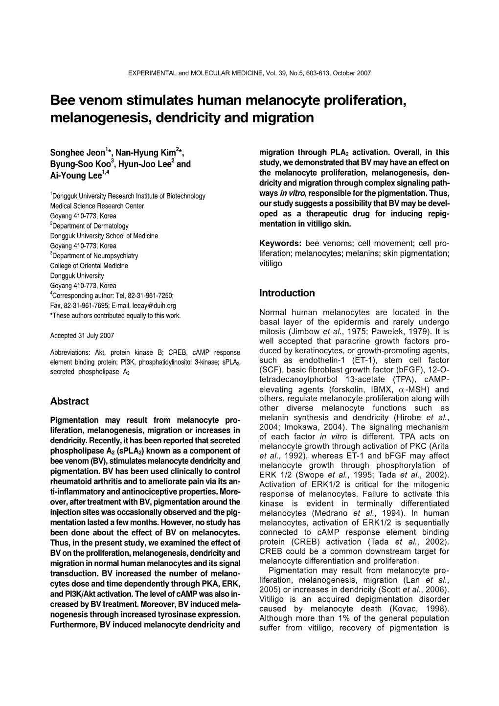 Bee Venom Stimulates Human Melanocyte Proliferation, Melanogenesis, Dendricity and Migration