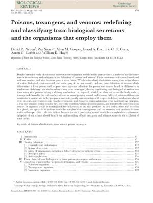 Poisons, Toxungens, and Venoms: Redefining and Classifying Toxic Biological Secretions and the Organisms That Employ Them