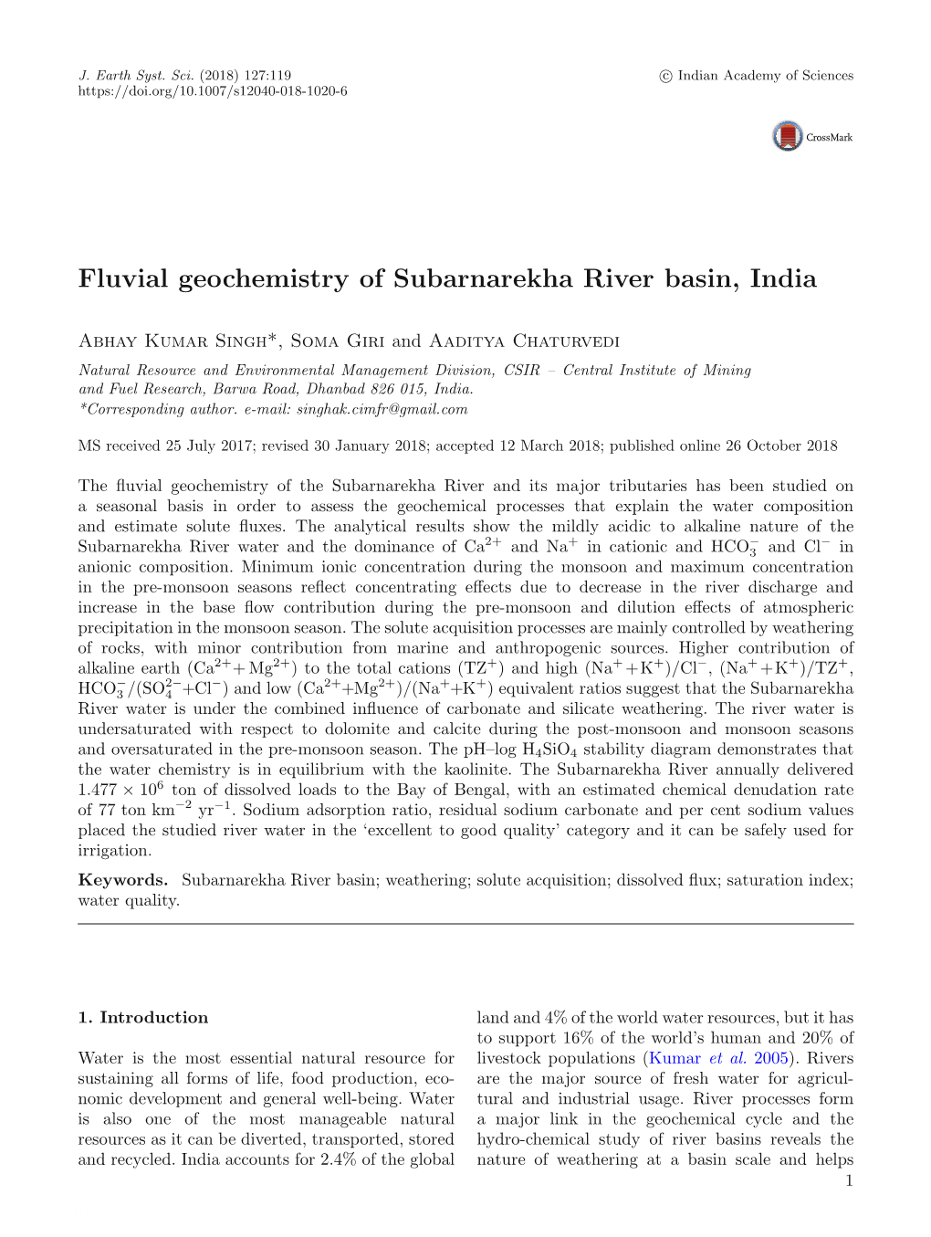 Fluvial Geochemistry of Subarnarekha River Basin, India