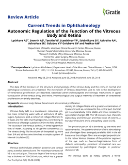 Current Trends in Ophthalmology Autonomic Regulation of The