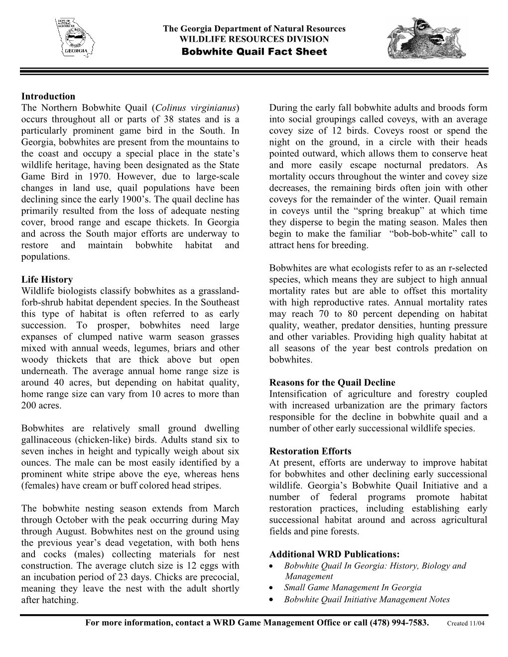 Northern Bobwhite Quail Fact Sheet