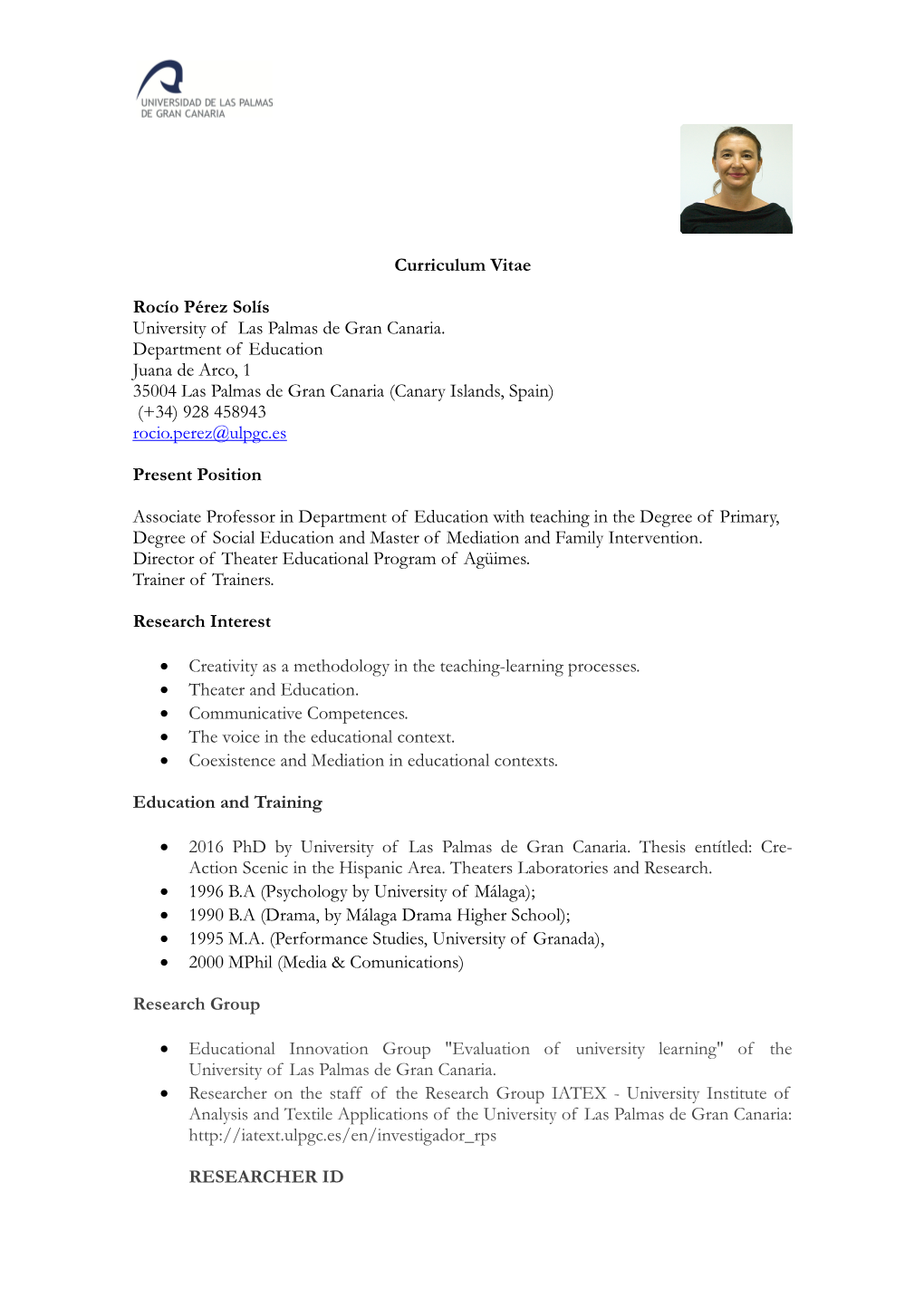 Curriculum Vitae Rocío Pérez Solís University of Las Palmas De Gran