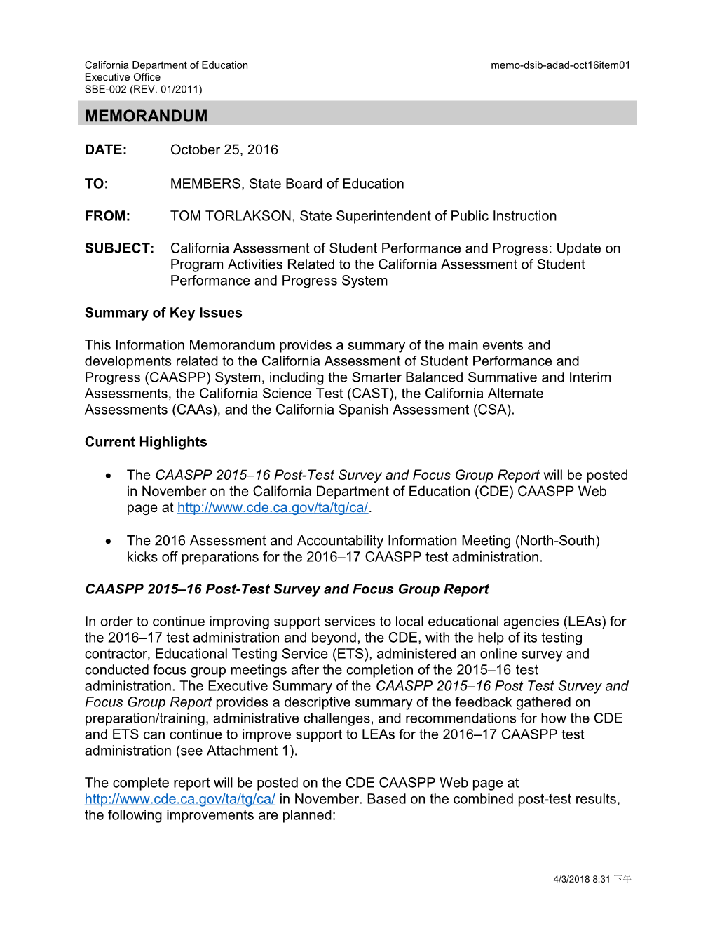 October 2016 DSIB ADAD Memo Item 01 - Information Memoranda (CA State Board of Education)