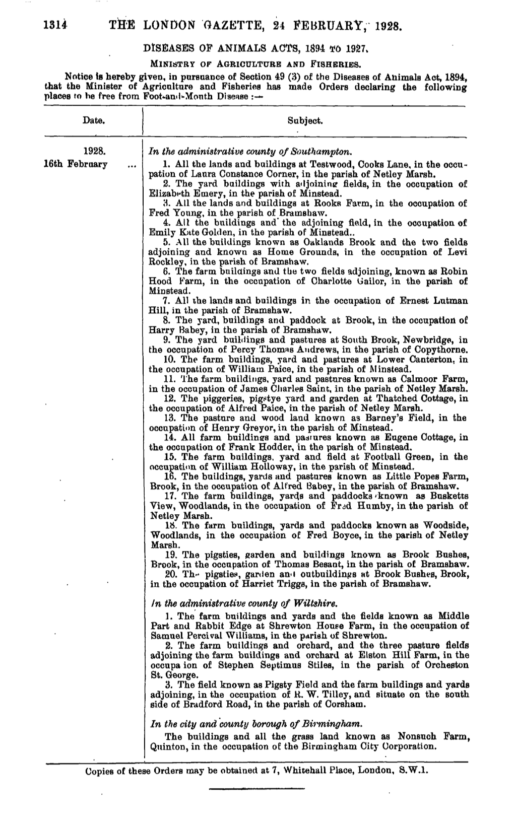 THE LONDON GAZETTE, 24 FEBRUARY, 1928. DISEASES of ANIMALS ACTS, 1894 Tf6 1927> MINISTRY Or AGRICULTURE and FISHERIES