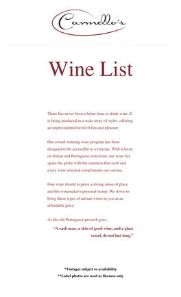 Carmello™S Wine List