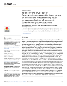 Taxonomy and Physiology of Pseudoxanthomonas Arseniciresistens Sp