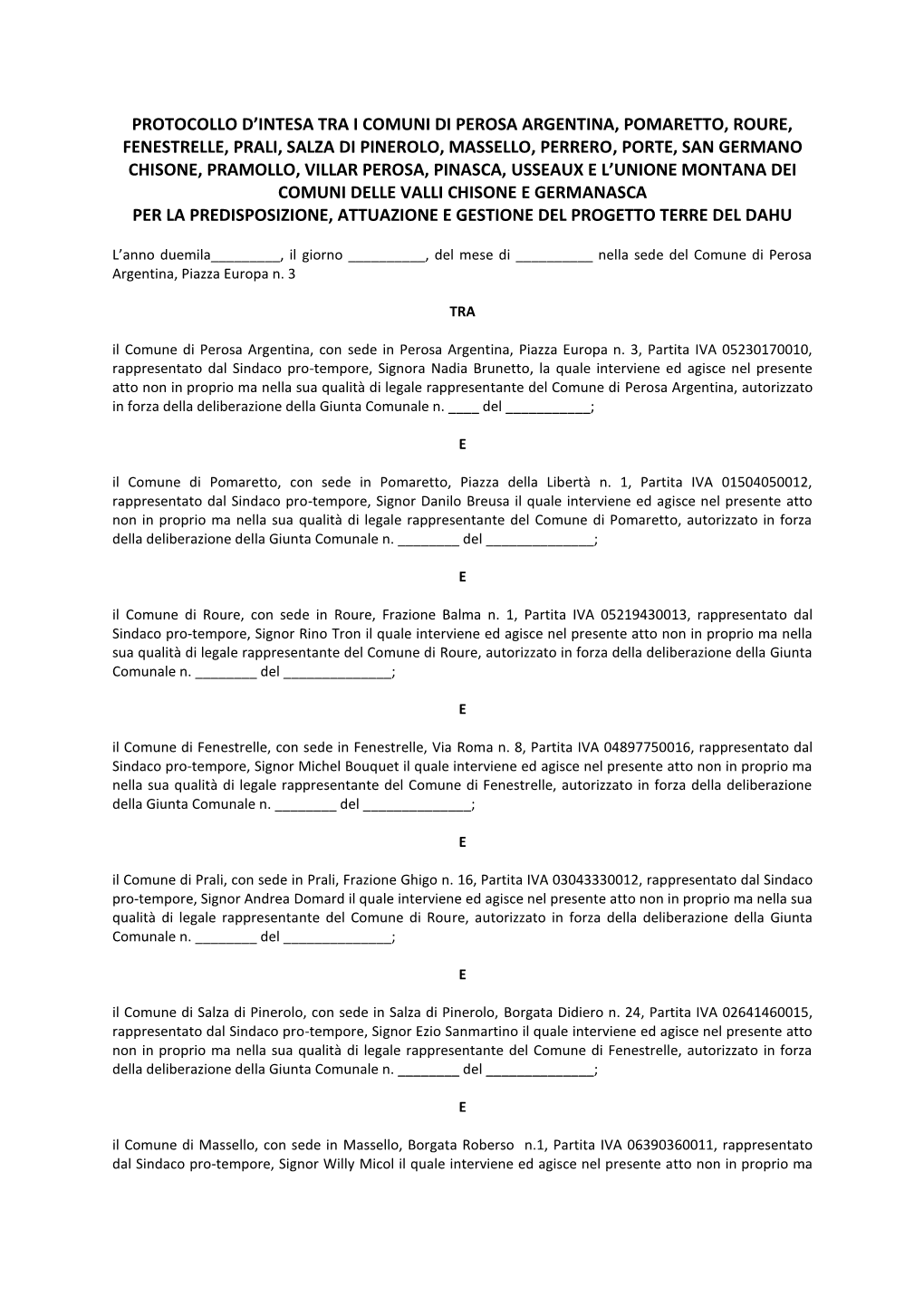 Protocollo D'intesa Tra I Comuni Di Perosa Argentina