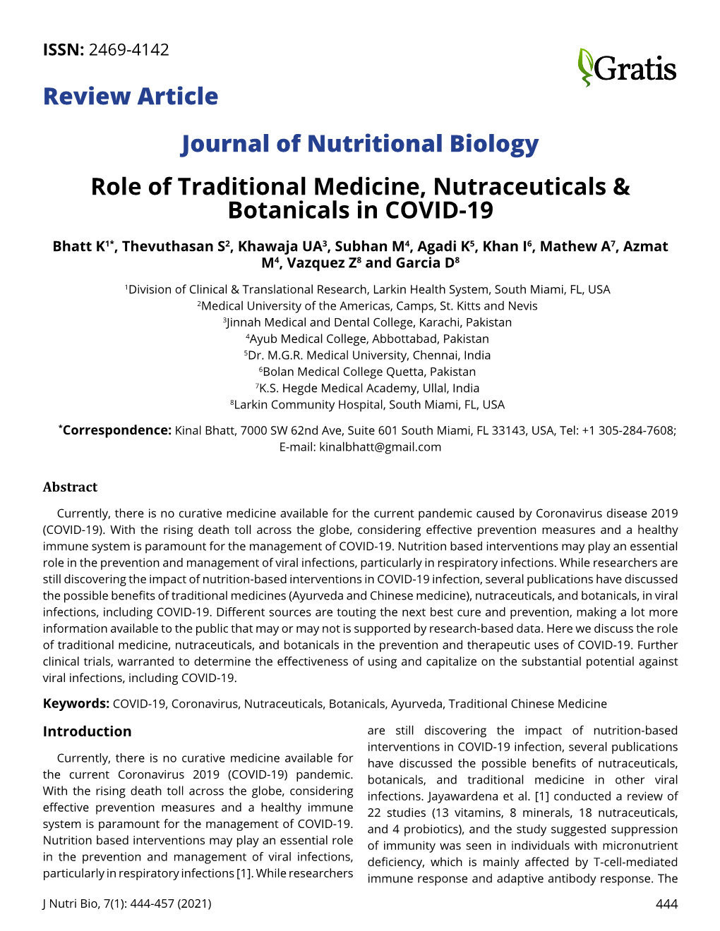 Journal of Nutritional Biology Role of Traditional Medicine, Nutraceuticals & Botanicals in COVID-19