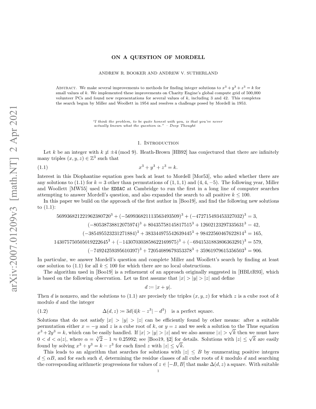 Arxiv:2007.01209V3 [Math.NT] 2 Apr 2021