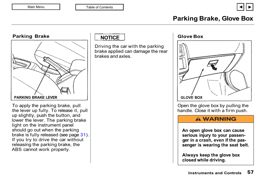 Parking Brake, Glove Box
