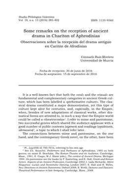 Some Remarks on the Reception of Ancient Drama in Chariton of Aphrodisias Observaciones Sobre La Recepción Del Drama Antiguo En Caritón De Afrodisias