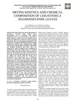 Drying Kinetics and Chemical Composition of Ceratotheca Sesamoides Endl Leaves