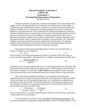 Physical Chemistry Laboratory I CHEM 445 Experiment 1 Freezing Point Depression of Electrolytes Revised, 01/13/03