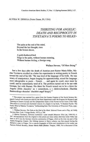 Death and Reciprocity in Tsvetaeva 'S Poems to Rilke*