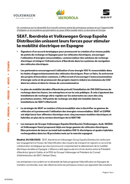 SEAT, Iberdrola Et Volkswagen Group España Distribución Unissent Leurs Forces Pour Stimuler La Mobilité Électrique En Espagne