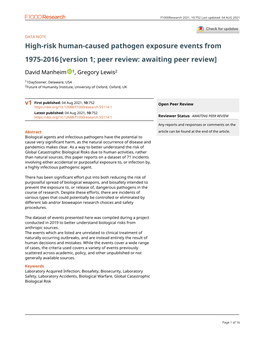 High-Risk Human-Caused Pathogen Exposure Events from 1975-2016