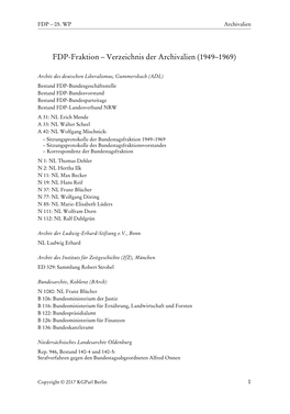 FDP-Fraktion – Verzeichnis Der Archivalien (1949–1969)