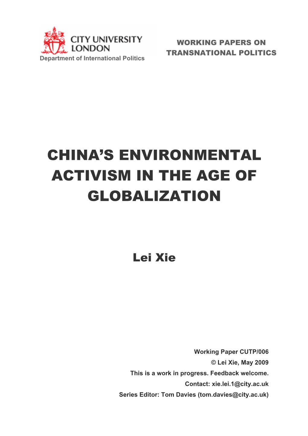 China's Environmental Activism in the Age of Globalization