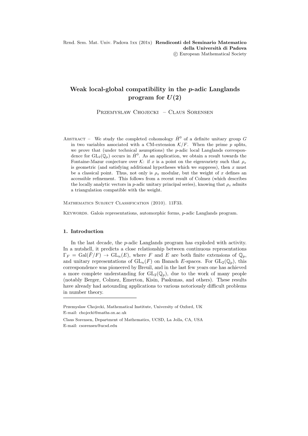 Weak Local-Global Compatibility in the P-Adic Langlands Program for U(2)