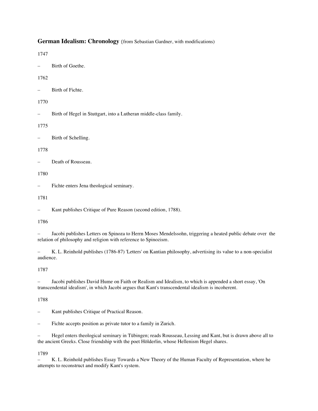 German Idealism: Chronology {From Sebastian Gardner, with Modifications)