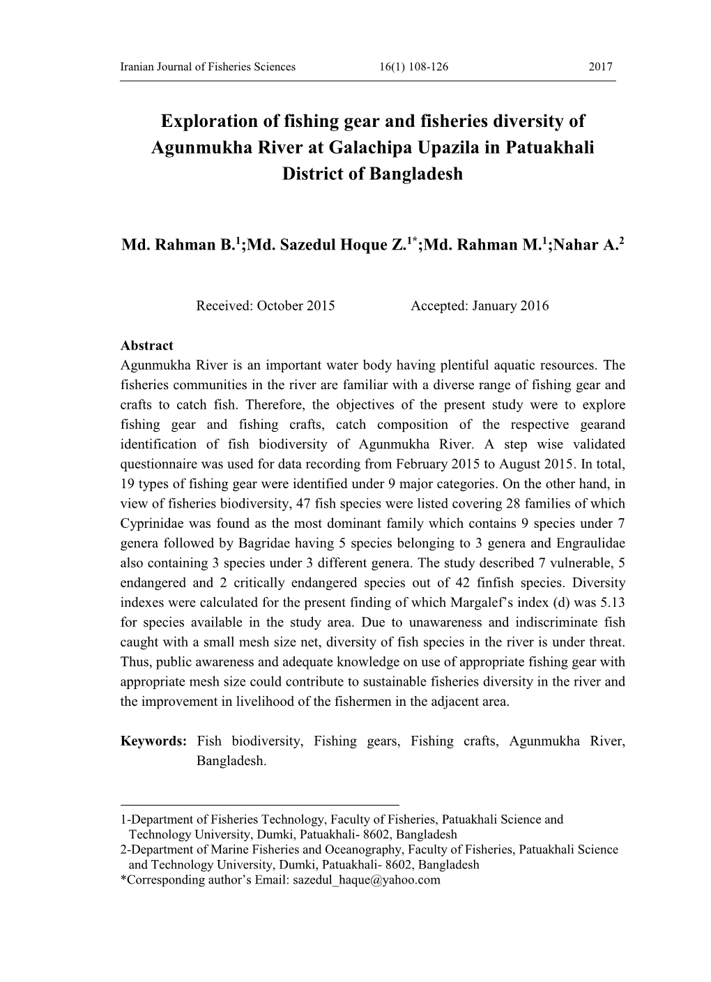 Exploration of Fishing Gear and Fisheries Diversity of Agunmukha River at Galachipa Upazila in Patuakhali District of Bangladesh