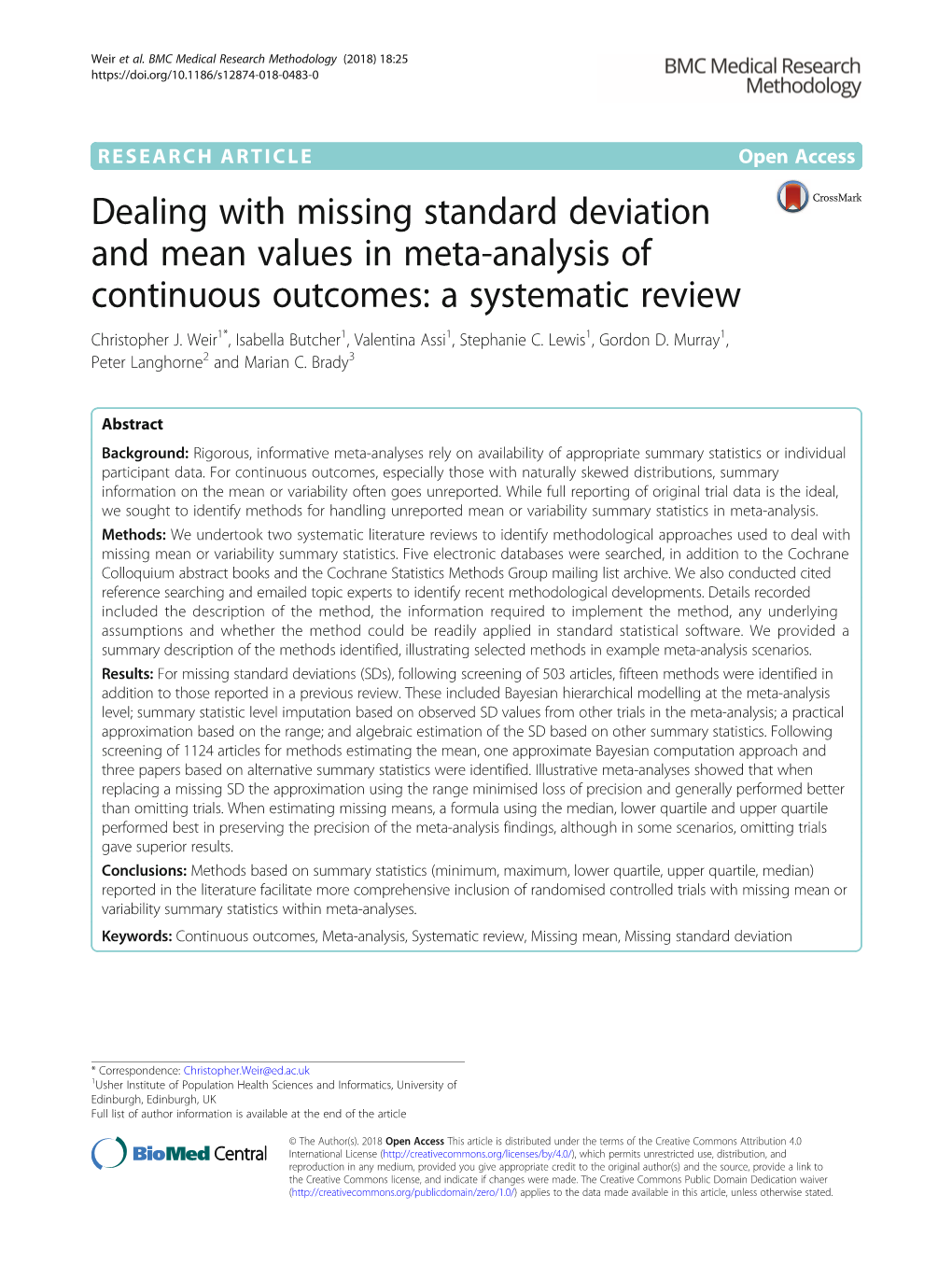 Dealing with Missing Standard Deviation and Mean Values in Meta-Analysis of Continuous Outcomes: a Systematic Review Christopher J